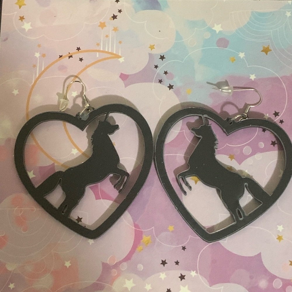 Black unicorn drop earrings